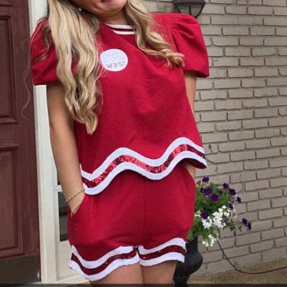 Queen of Sparkles Red and White Wavy Top & Shorts Set - Picture 2 of 10